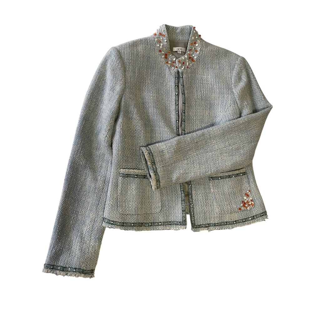 Cache Sky Blue Tweed Jacket Rhinestone Neckline Size 12